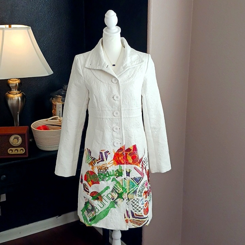 🏰 Desigual eclectic & unique white quilted women's pea coat jacket. Size EU 38